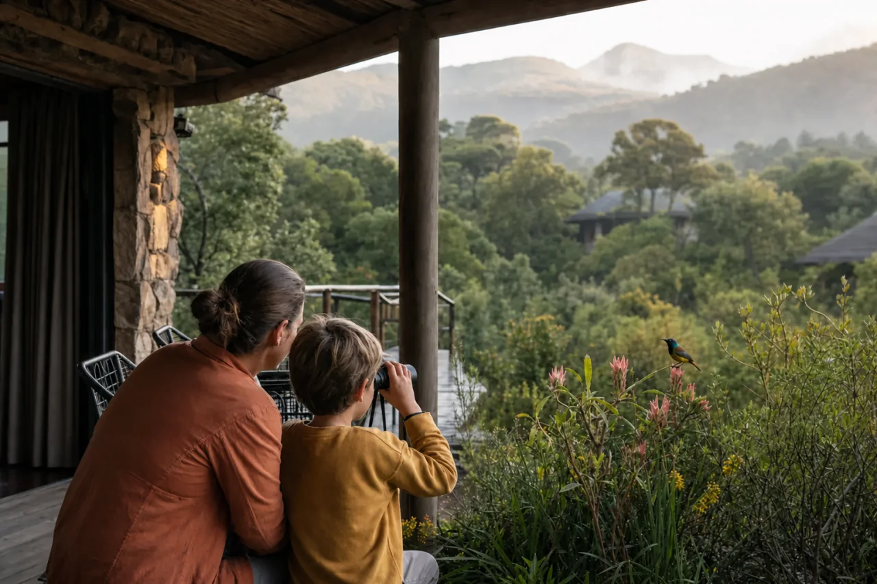 A family discovering a bird from the terrace of a nature retreat