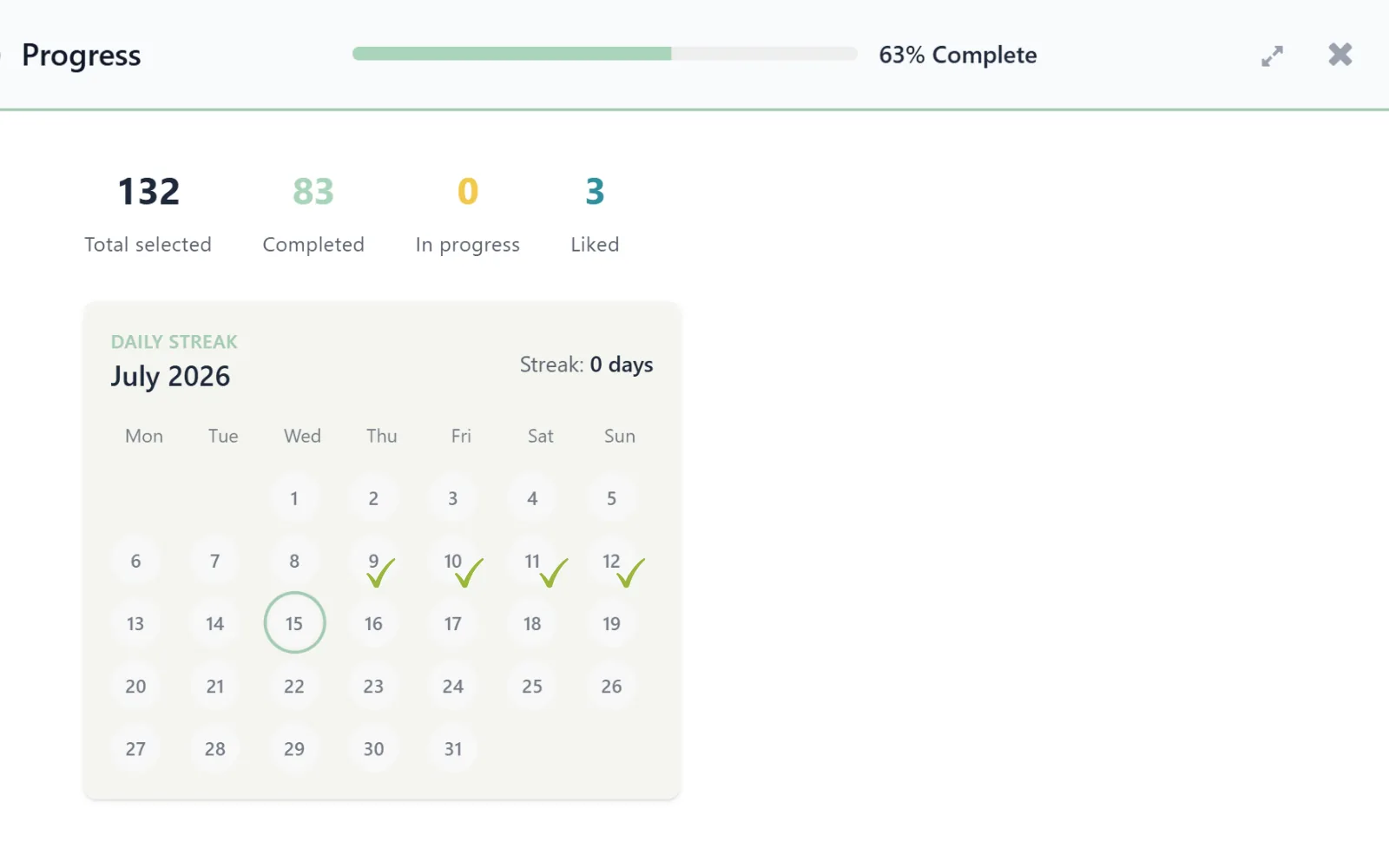A Lumabit learner progress dashboard showing completion, activity and a daily streak